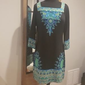I.N.C. Black Long Sleeve Printed Shift Dress